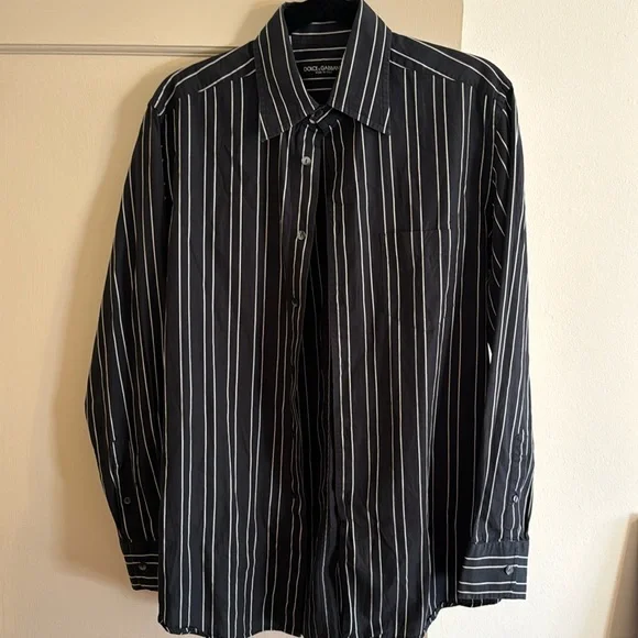 Dolce and Gabanna button up mens medium black button down, white stripe. Worn 2x - Picture 1 of 3
